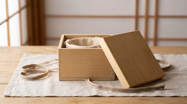 An open paulownia kiri-bako box with a soft cloth lining and its sanada-himo cord, on linen by a shoji screen