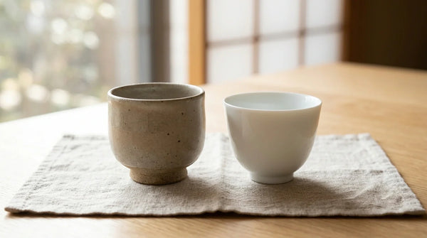 A matte stoneware cup beside a glossy white porcelain cup on linen, showing the two materials side by side.