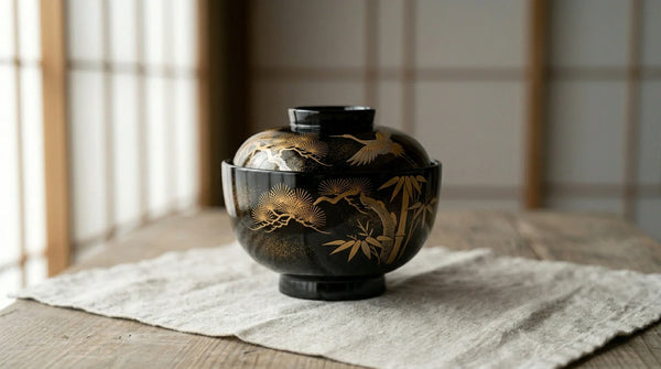 A black-urushi maki-e lacquer bowl with a sprinkled-gold pine, bamboo, and crane design on linen by a shoji window.