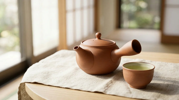 A Tokoname clay kyusu side-handle teapot with a cup of green sencha on linen by a window.