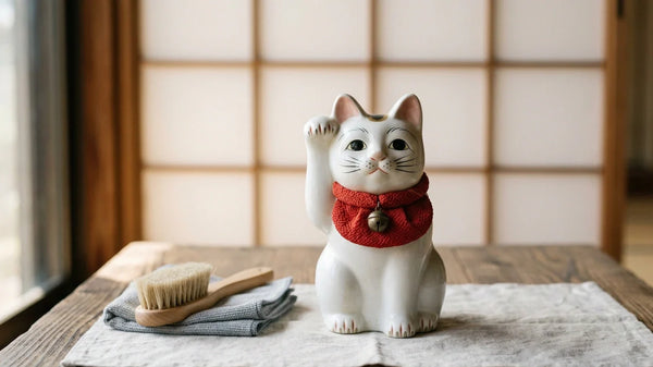 A white lucky cat figure with a raised paw and red collar beside a soft brush and cloth.