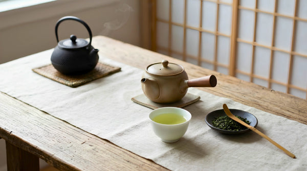 A quiet tea setting with an iron kettle, kyusu, white cup of green tea, and loose leaf on linen by a shoji screen.