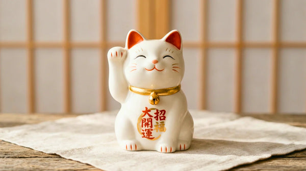 A classic white Yakushi-style porcelain maneki neko with a raised paw, gold collar bell, and an auspicious chest inscription, on linen by a shoji screen