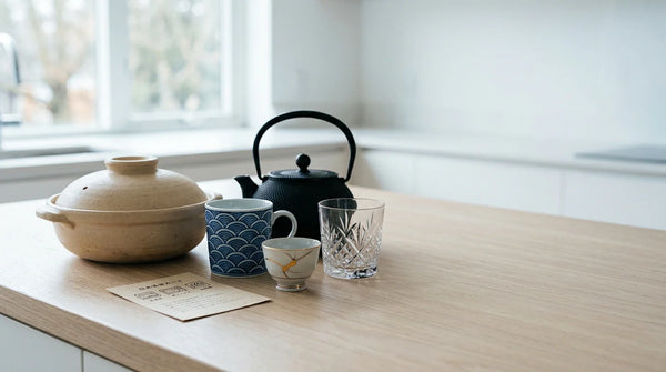 An assortment of Japanese tableware by material — donabe, cast iron tetsubin, blue-and-white porcelain mug, gold-accented cup, and Edo Kiriko cut glass — with a care card on a clean kitchen counter