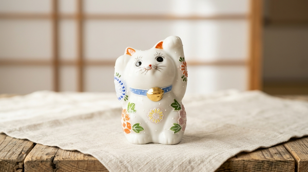 A classic white ceramic maneki neko with gold and red accents and a raised paw on pale linen and hinoki wood.