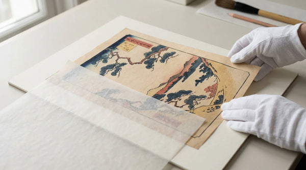 A Japanese print supported on a board by gloved hands; see the article for appropriate paper-handling guidance.
