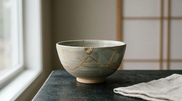 Illustration d’un bol à thé en grès aux fines lignes de réparation kintsugi dorées, sur du bois foncé.