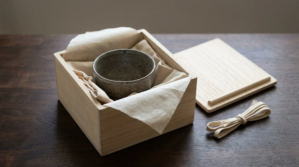 Une boîte kiri-bako en paulownia pâle avec un bol en céramique reposant à l'intérieur sur du coton écru et du washi.