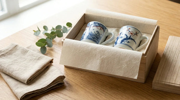 Une paire de mugs en porcelaine japonaise peints à la main dans un coffret cadeau ouvert en bois de paulownia, sur une table ensoleillée.