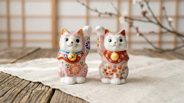 Two pink Kutani maneki neko lucky cats together with cherry blossoms, one paw raised.