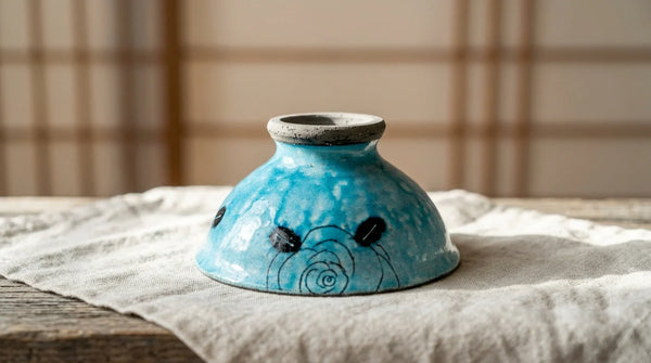 A Japanese stoneware tea bowl turned over to show its trimmed unglazed foot ring (kōdai) on linen by a shoji window.