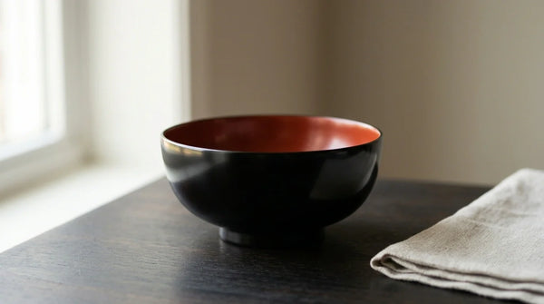 Eine glänzend schwarz-zinnoberrote Urushi-Lackschale, die im sanften Licht auf dunklem Holz leuchtet.