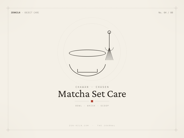 Editorial illustration — matcha bowl, chasen and chashaku care guide