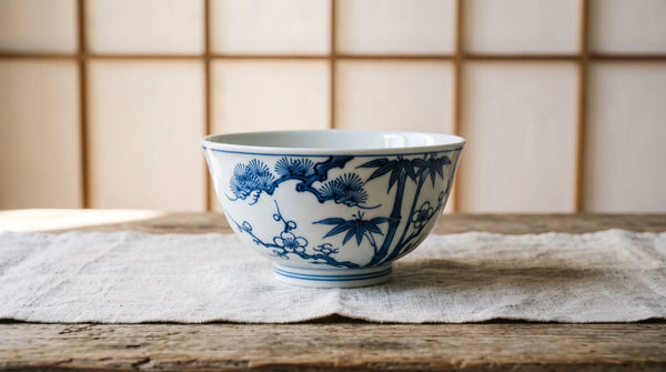 A hand-painted Arita blue-and-white porcelain bowl with cobalt pine, bamboo and plum on pale linen and hinoki wood.