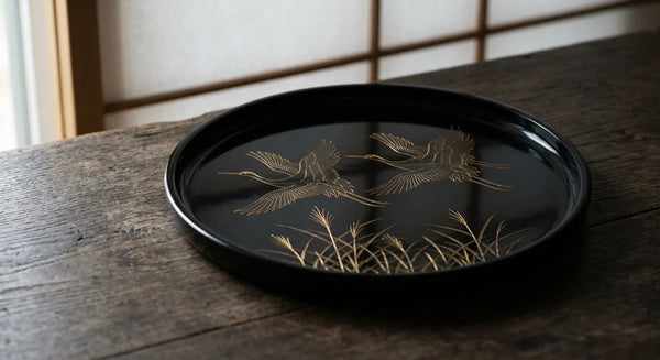 A black roiro Wajima lacquer tray decorated in chinkin, with sunken gold cranes flying over autumn grasses