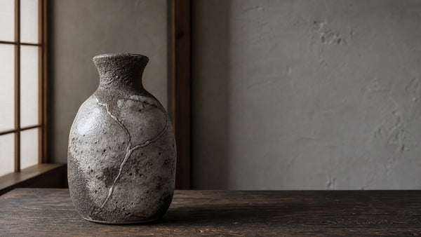 A Shigaraki vase with white glaze and silver gin-tsugi stands on dark wood in a quiet Japanese room.