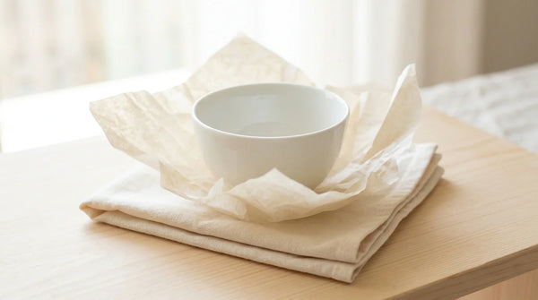 Eine frisch ausgepackte weiße Porzellan-Teeschale auf Baumwolltuch und Seidenpapier an einem hellen Fenster.