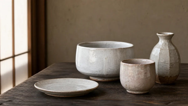 Pale Hagi ware teabowls, cups, and a sake flask arranged on a quiet Japanese table