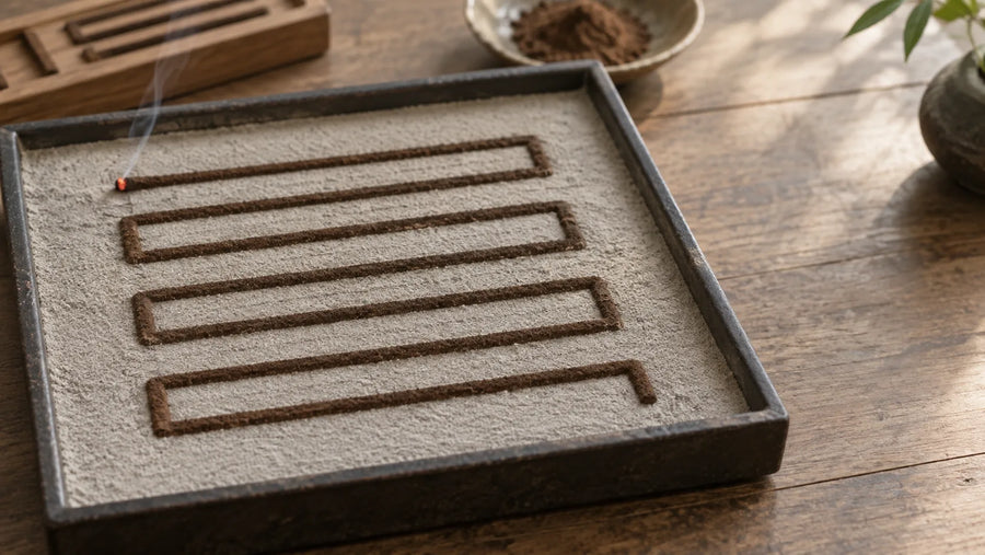Illustrative incense clock path of powdered incense across ash, with a small ember at one end