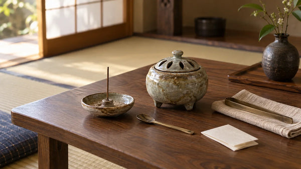 Illustrative Japanese incense tools arranged on a low table: a ceramic kōro, a stick holder with an unlit incense stick, an ash dish, and small utensils.