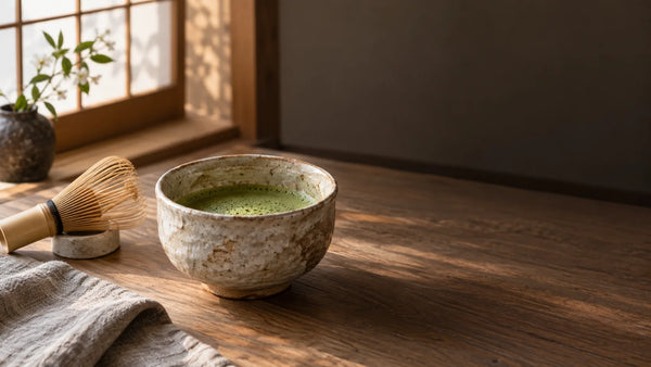 A handmade ceramic bowl of whisked matcha with a bamboo whisk on a wooden table in morning light.