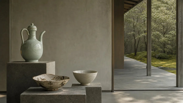 Ceramic vessels on museum plinths beside a shaded Japanese garden walkway