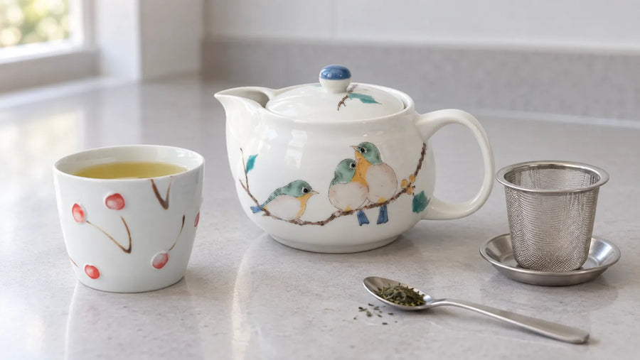 Théière Seikou aux oiseaux, tasse à motif de fleurs de cerisier et filtre amovible sur un plan de travail de cuisine.