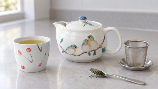 Seikou bird teapot, cherry-pattern tea cup and removable strainer on a kitchen worktop.