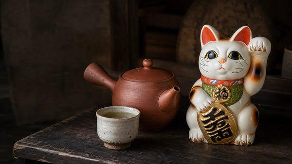 Unglazed red Tokoname kyusu beside a Tokoname maneki neko coin bank and cup of green tea.