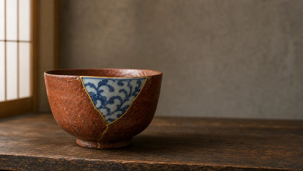 A rust-red tea bowl repaired with a blue-and-white porcelain shard and gold yobitsugi seams.