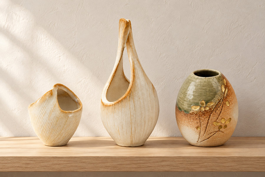 AI-assisted styling illustration of a small Kairō vase, a tall Kairō loop vase and a rounded Meiyō vase on a wooden shelf.