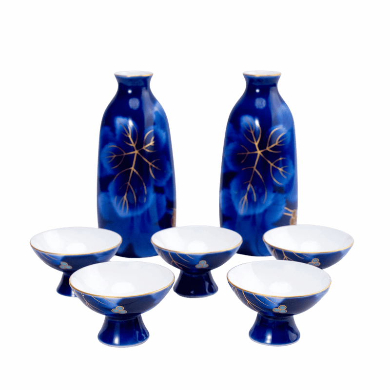Juego de sake vintage de Fukagawa — Ruri Budō azul lapislázuli, 7 piezas