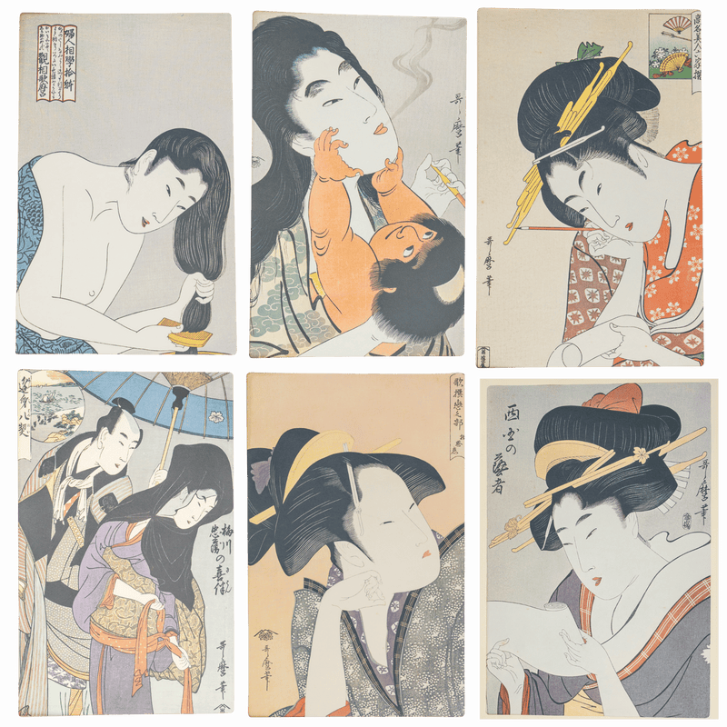 Carpeta vintage de grabados ukiyo-e en madera según Utamaro — 6 reproducciones bijin-ga ōban, carpeta de washi (fukkokuban)