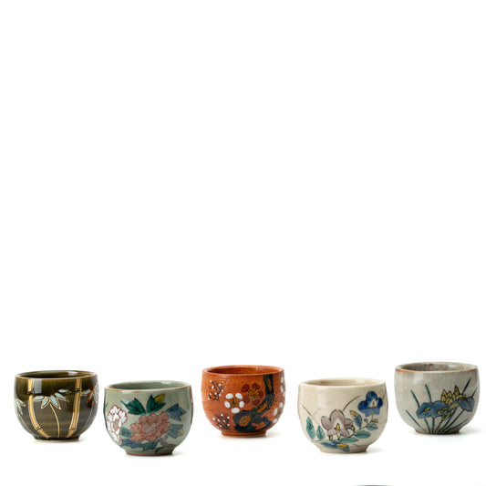 Kutani Floral Sake Cups, Set of 5 in a Wooden Box