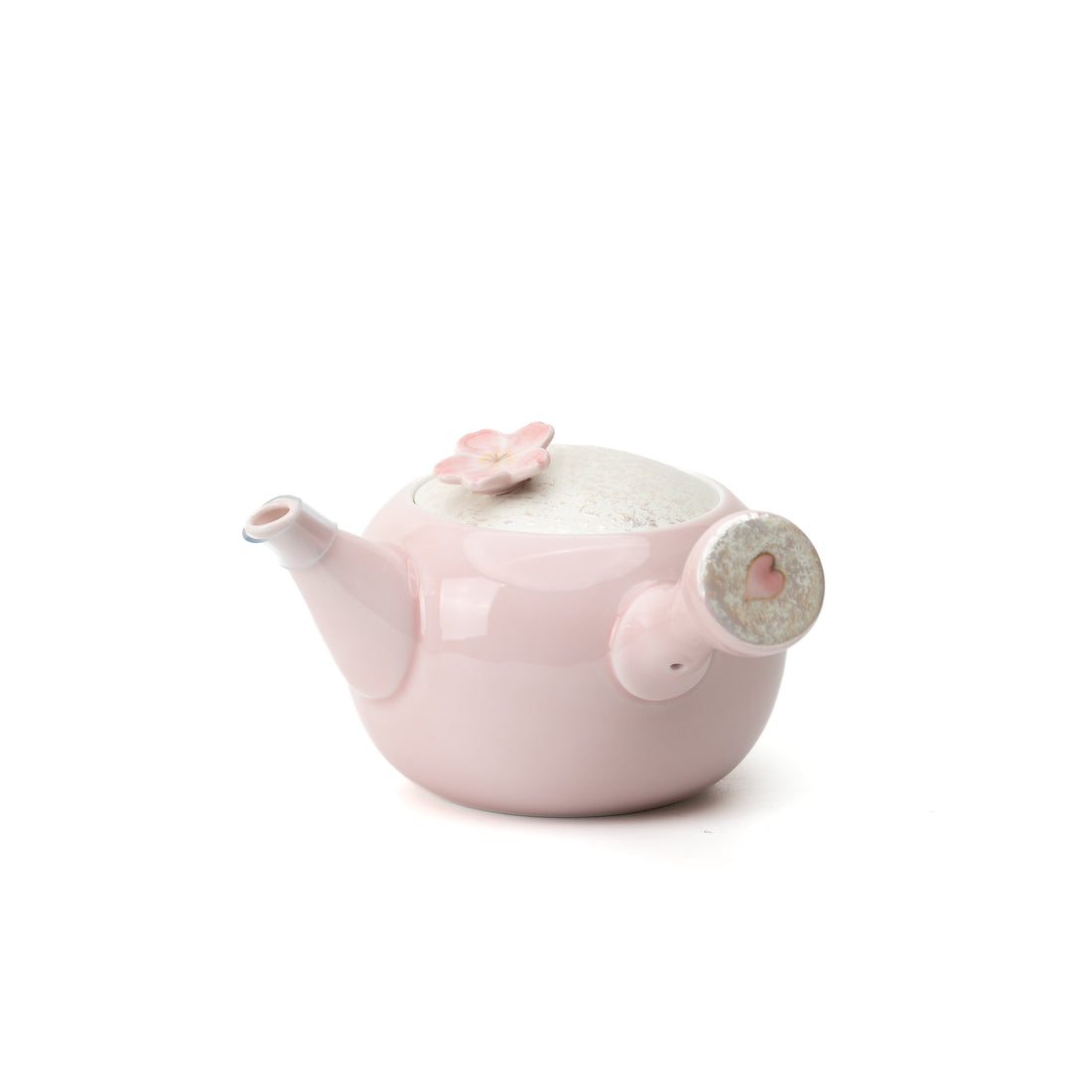 Pink Tasei Sakura kyusu teapot with a pale lid, blossom-shaped knob and side handle.