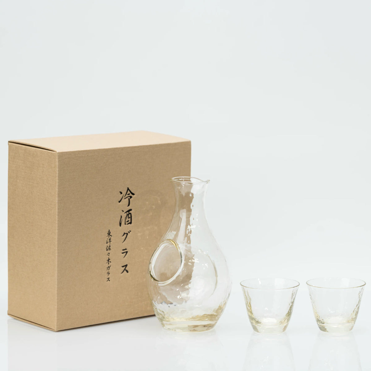 Japanese Sake Set, Toyo Sasaki Handmade Amber Glass, Cold Sake Carafe with Ice Pocket, 300ml + 2 Cups