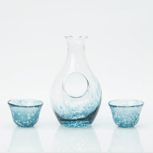 Japanese Cold Sake Set, Handmade Soda-Lime Glass | Toyo Sasaki Carafe with Ice Pocket & 2 Cups