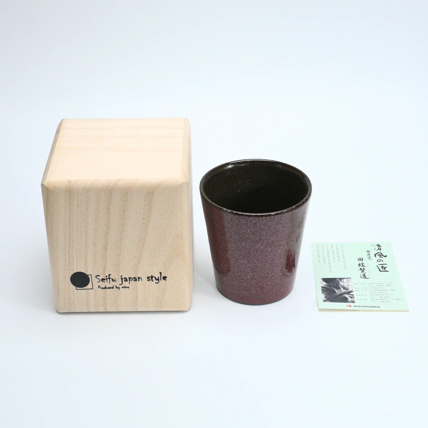 Tabata Shigemichi Mino-Yaki Double-Wall Rock Cup — Bordeaux & Black Luster Stoneware (300ml, Kiribako)