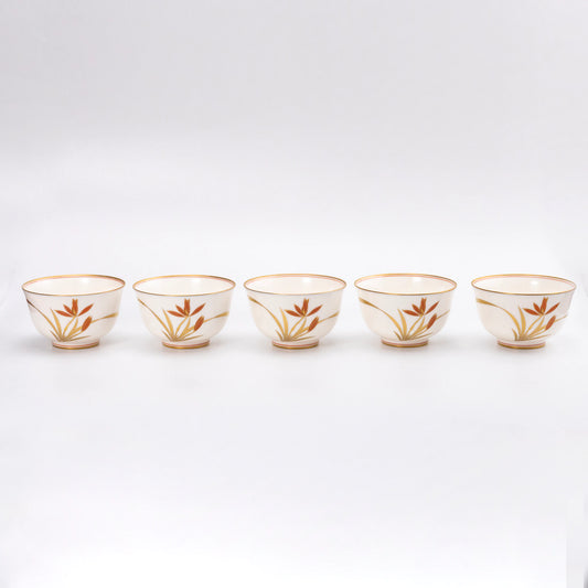 Vintage Japanese Yunomi Set of 5 — Kōransha "Orchid in Gold and Red" (Showa 2 / 1927)