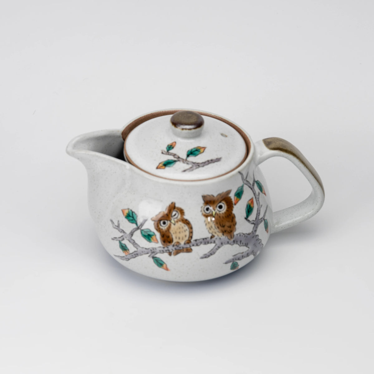 Owl teapot, side view showing the shape and surface.