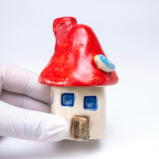 Mino-yaki Incense Burner Set — Handmade Ceramic Mushroom House with Chimney & Bird