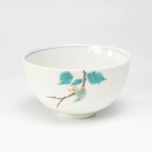 Kutani-yaki Rice Bowl — Hand-Painted Mejiro Bird Porcelain Chawan (White-Eye on Branch)