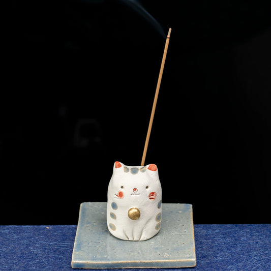 Handmade Ceramic Cat Incense Holder — Kawaii Mino-ware Neko Stick Stand with Dish