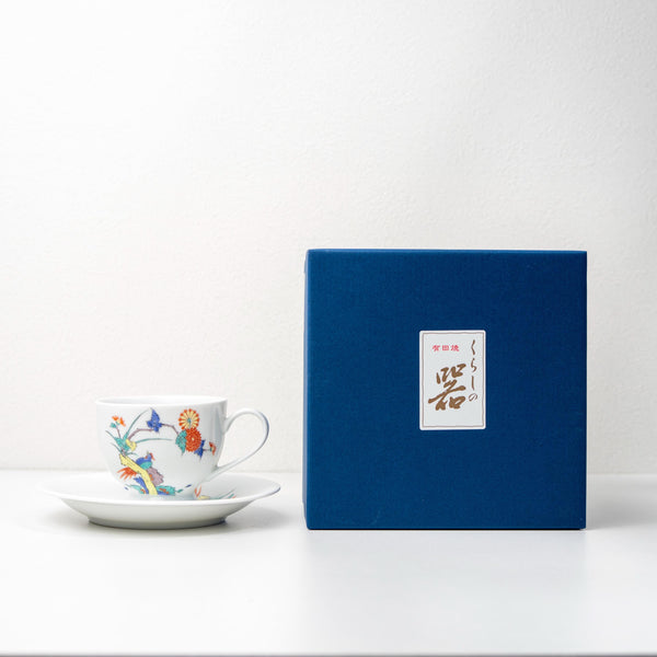 Blue gift box with Arita bird and floral cup and saucer set