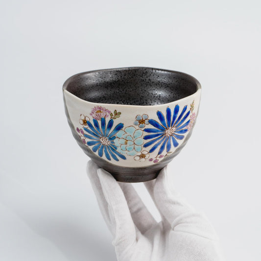Iroe Yū Hana Kutani rice bowl, blue colourway, dark speckled glaze