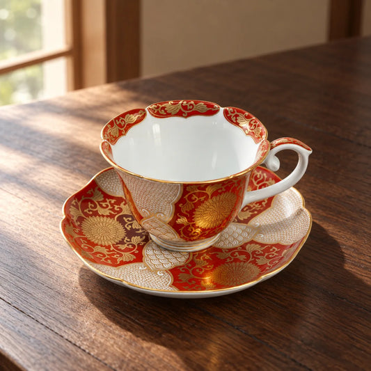Red-and-gold Arita chrysanthemum cup resting empty on its matching saucer on a walnut table.