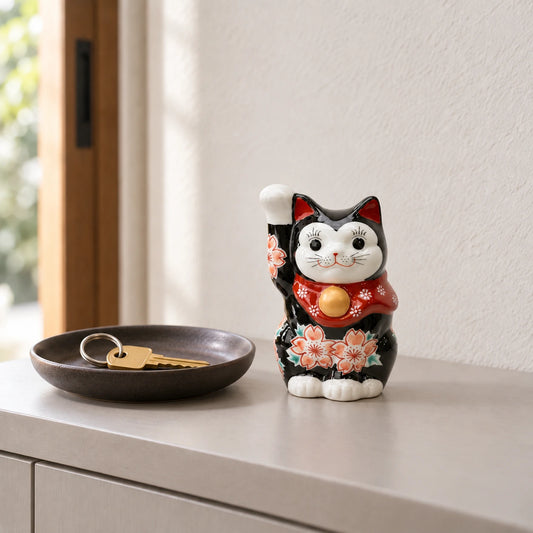 Black cherry blossom lucky cat with a raised right paw on an entryway cabinet beside a dish holding a house key.