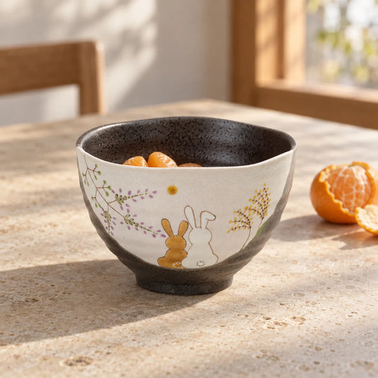 Kutani Hidamari bowl with two painted rabbits, holding a few mandarin segments on a sunlit stone table