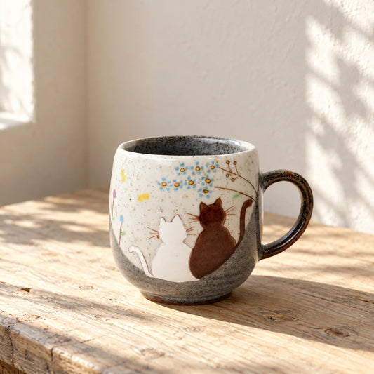 Iroe Yū Hidamari mug with two painted cats resting on a sunlit wooden table.