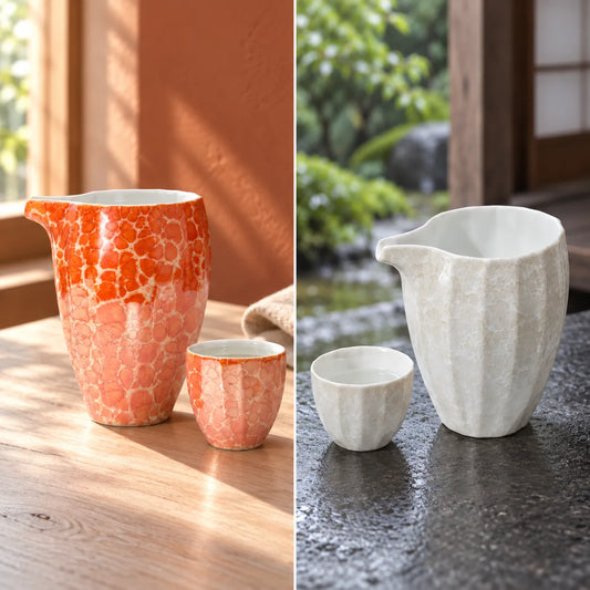 Red and White Jinpoh Champagne sake set color options shown in separate table scenes, each with one pourer and one cup